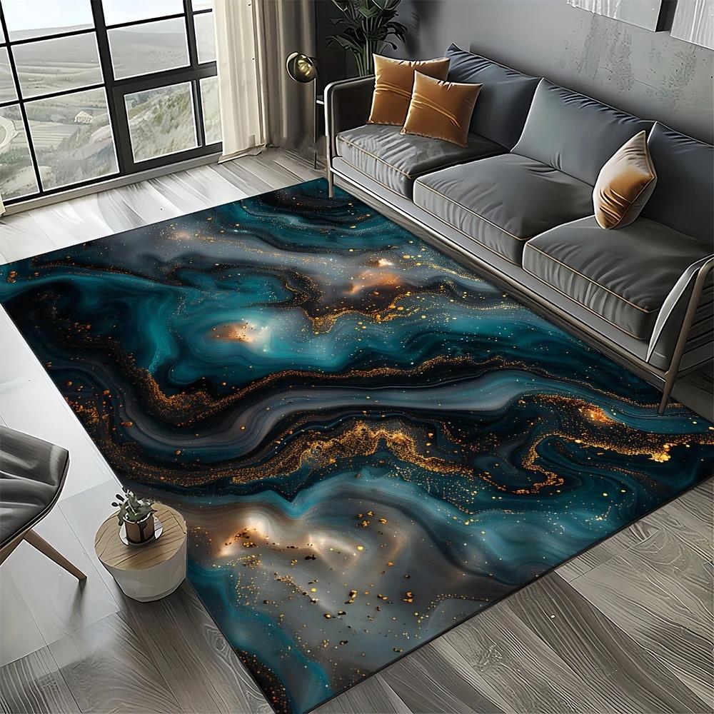 Smaragdgrüner und goldener Teppich – Luxuriöses Marmor-inspiriertes Muster für Wohnzimmer oder Schlafzimmer, rutschfest, elegante Heimdekoration