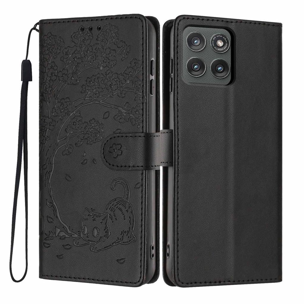 For Motorola Edge (2025) 5G Stand Case Tree-and-Cat Pattern PU Leather Wallet Protective Phone Cover with Wrist Strap