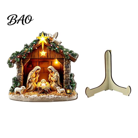 Christmas Manger Tabletop Ornaments Nativity Scene Wooden Sign, Holy Family Figurine Decor, Handcrafted Wood Figurines Religious Xmas Desktop