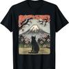 Ukiyo-e Black Cat Mount Fuji Woodblock Retro Cherry Blossom T-Shirt