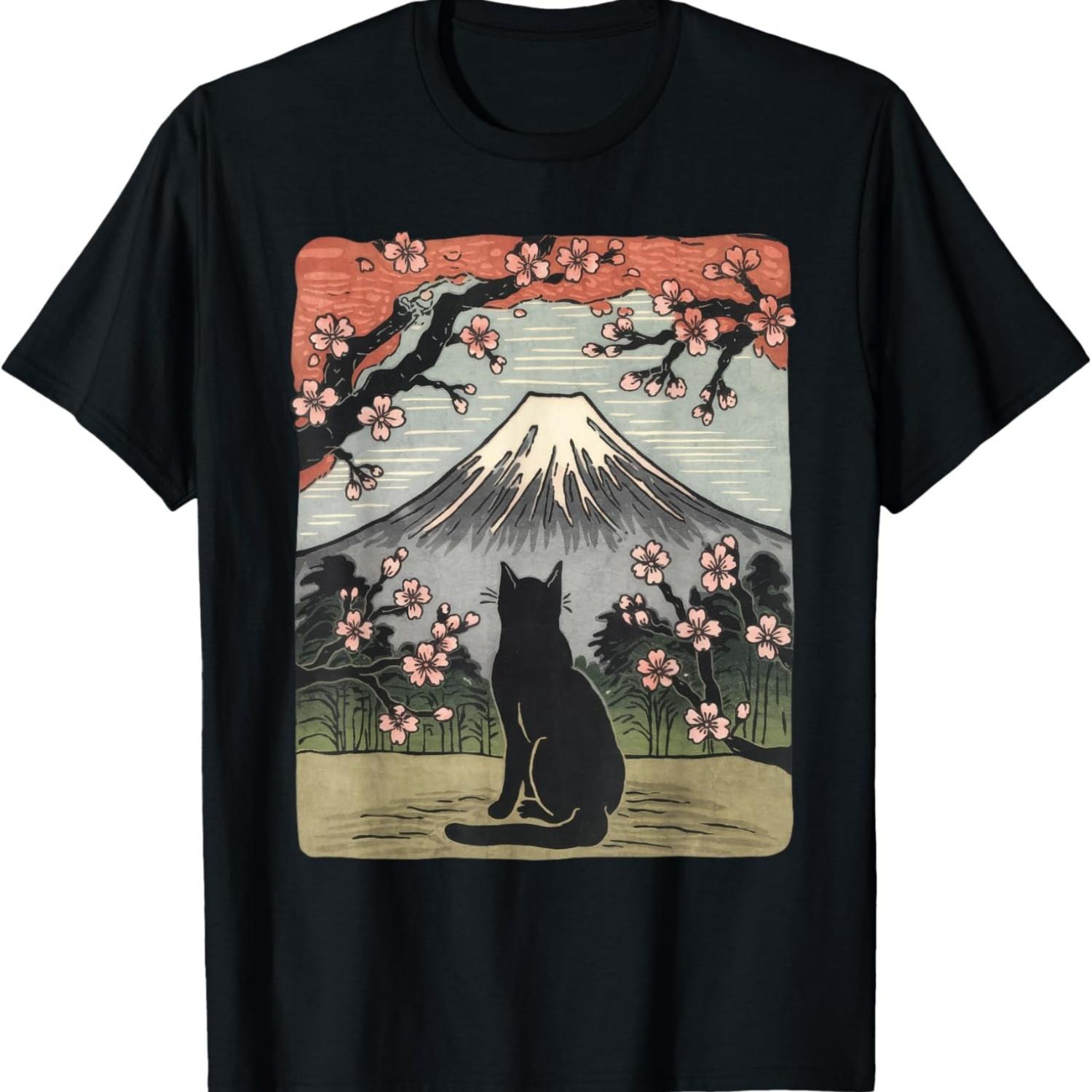 Ukiyo-e Black Cat Mount Fuji Woodblock Retro Cherry Blossom T-Shirt S чёрный