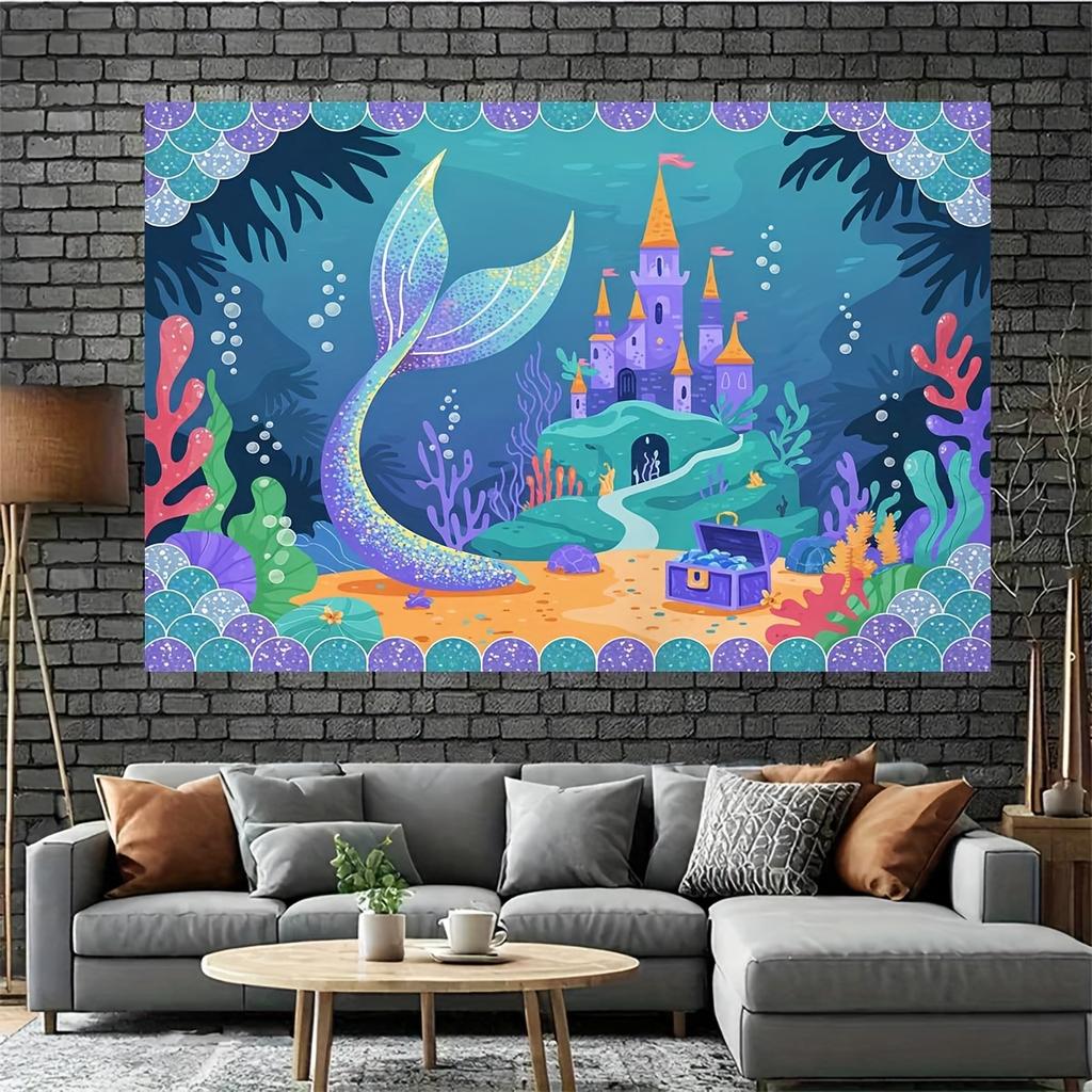 Background banner - Beautiful mermaid party theme pattern background fabric party decoration banner birthday