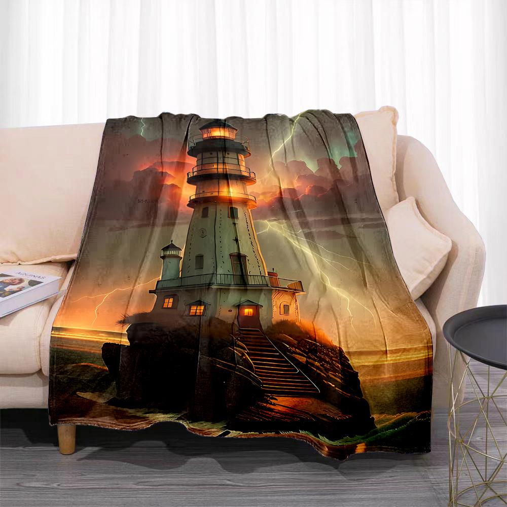Lighthouse Pattern Fleece Blanket , Warm and comfortable throw blanket sofa bed sofa camping trip, the best gift.