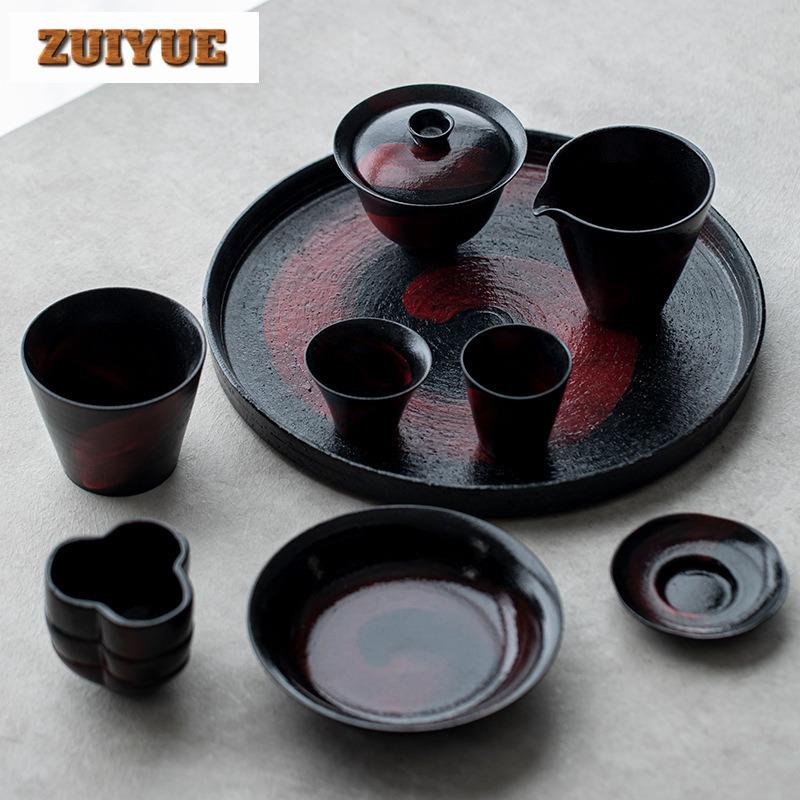 Brush Red Ceramic Tea Tray Handmade Coarse Pottery Dry Soaking Tray Breakfast Tray, Fruit Storage Plate Kung Fu Tea Ceremony