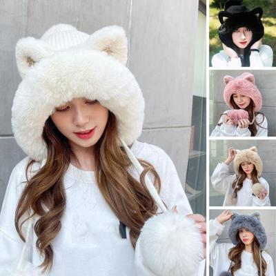 Ladies Winter Hat Thick Plush Cartoon Ear Decor Knitted Thickened Ear Protection Sequin Drawstring Cold Resistant Plush Ball Decor Lady Outdoor Cap