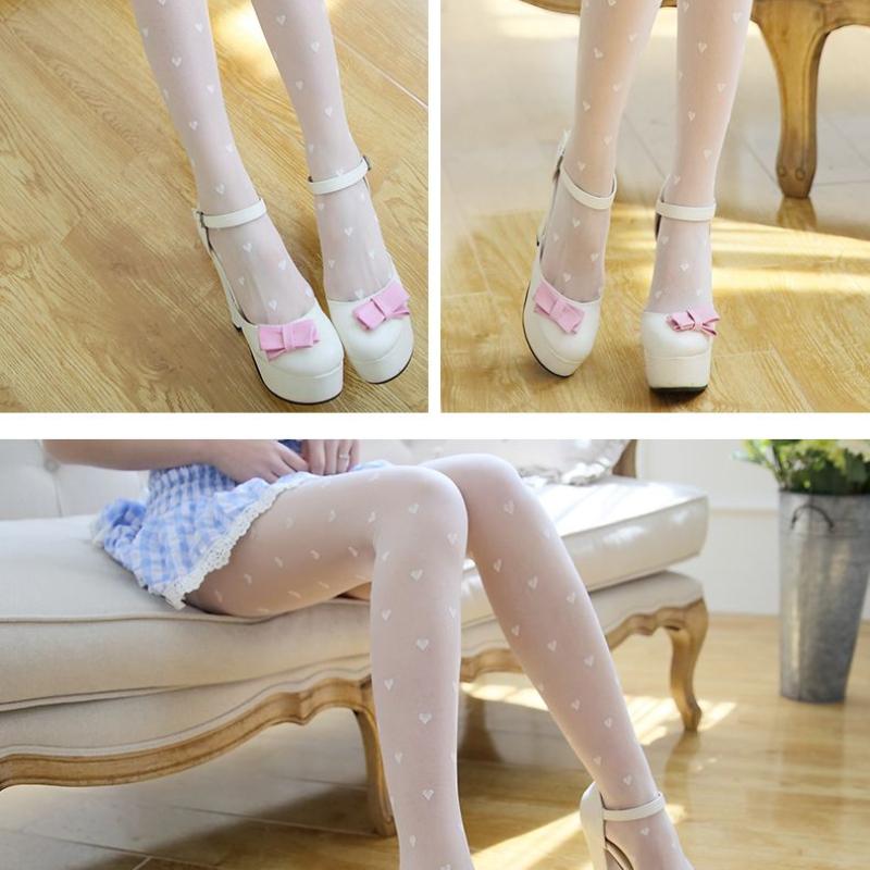 Japanese Style White Stockings for Women Thin Cute Pantyhose with Love Heart Bowknot