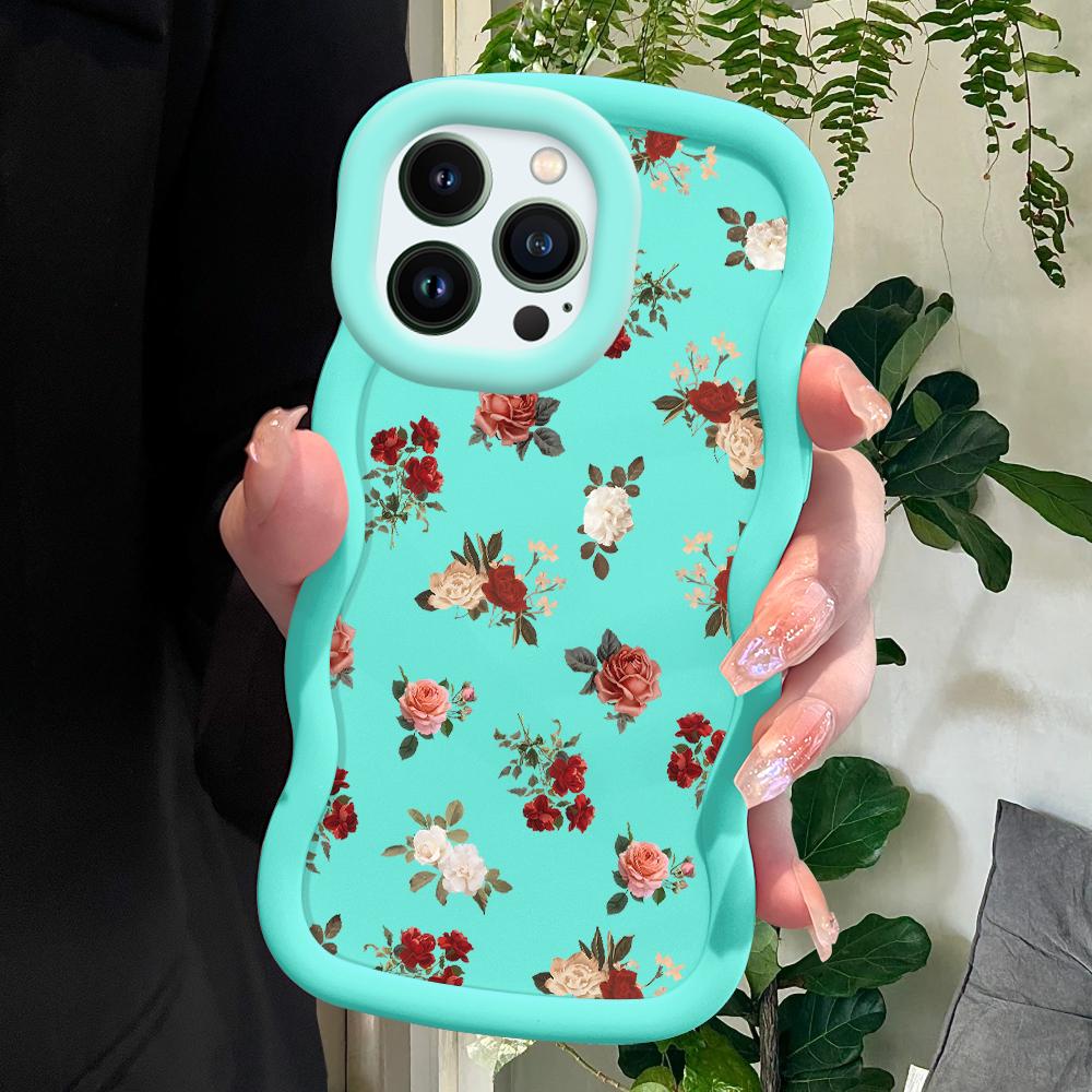 Red White Roses Pattern Soft Phone Cover for iPhone 11 12 13 14 15 Pro Max 6 6S 7 8 Plus Xs Wave Edge Shockproof Protective Rubber Case