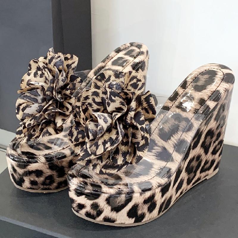 Fashion Leopard Flower Slope Ladies Sandals Transparent PVC Pointed Toe Open Toe Heels for Ladies Summer Fashion 13 Cm Super High Heels