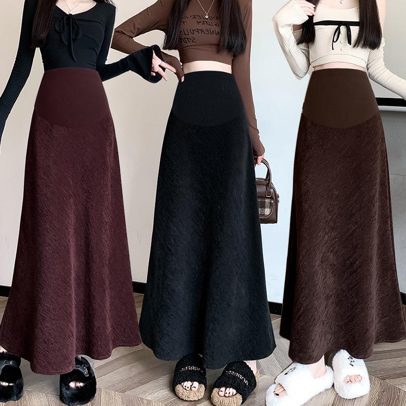 Maternity Corduroy Fishtail A-Line Skirt - Autumn/Winter Long Style with Belly Support 2X Large