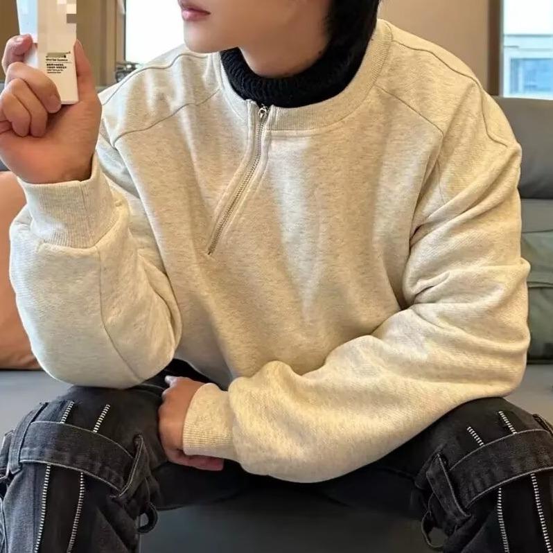 Men's Autumn/Winter Patchwork Hoodie with Metal Side Zipper – Round Neck, Solid Color, Loose Fit.