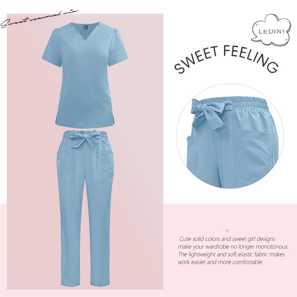 Surgical Uniforms Woman Fashion Bow Belt Nursing Scrubs Set Medical Uniform Top Pants Hospital Clinical Suits Beauty Spa Clothes