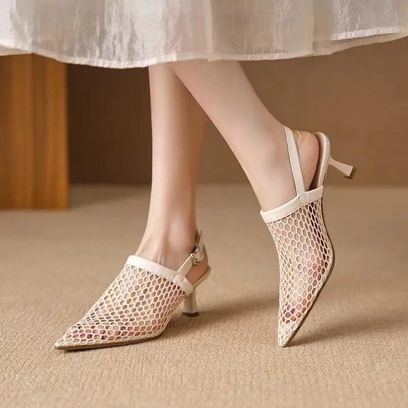 

Fashion Fashion Hollow Breathable Mesh Pointed Toe Stiletto High Heels Women Pumps 2025 New Summer Slingback Sandals Dress Woman Shoes 36