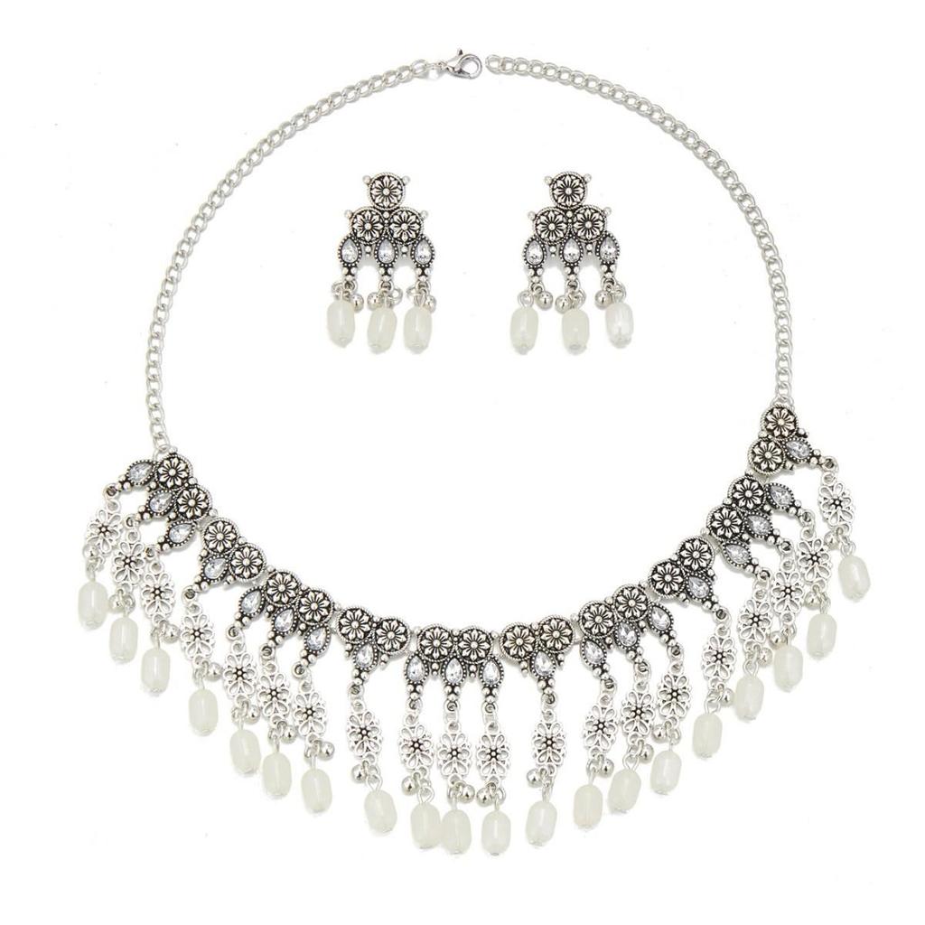 European & American Ethnic Style Rhinestone Tassel Necklace & Earring Set