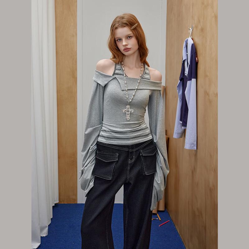 UNIFREE Women's Korean Style Off-Shoulder Faux Two-Piece T-Shirt