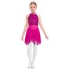 Girls Lyrical Dance Costume Sparkle Rhinestones Keyhole Back Irregular Chiffon Hem Skating Dress