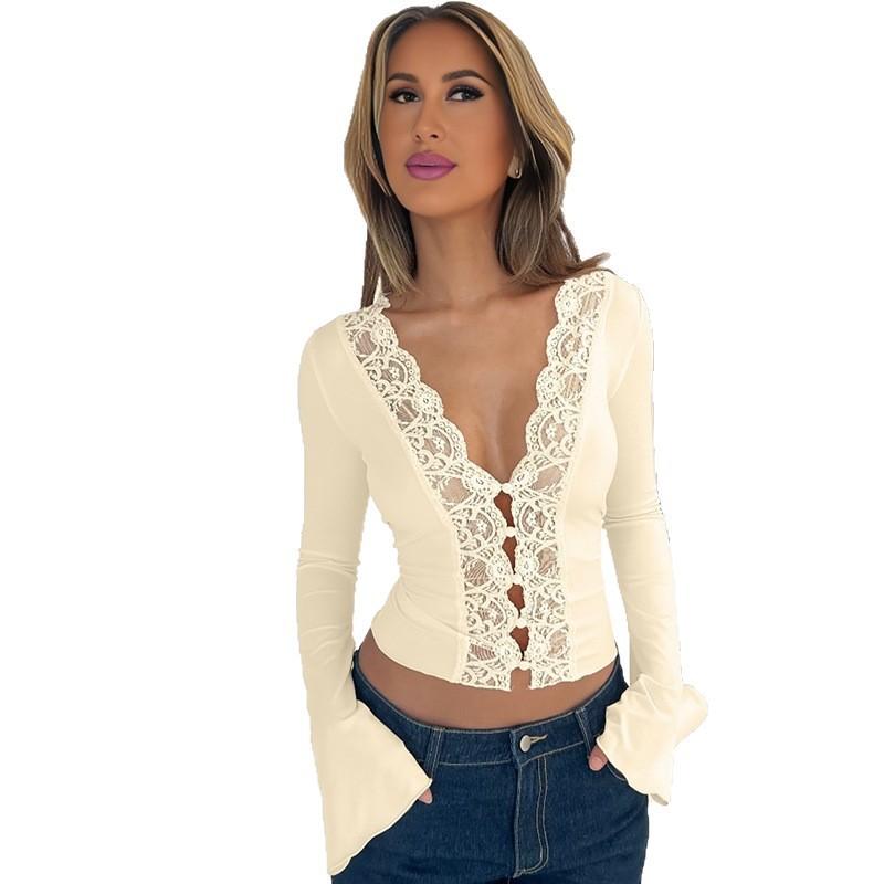 Womens Fall Long Sleeve Top Sexy Lace Trim Slim Fit Solid Color V Neck Casual Daily Wear