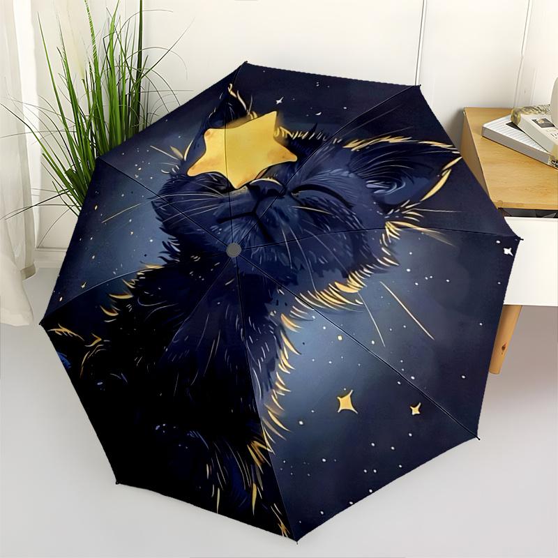 

1pc Starry Night Cat Automatic Opening/Closing Umbrella Portable Tri-Fold Design with 8-Bone Iron Frame - Perfect Festival Gift for Fans, Travele