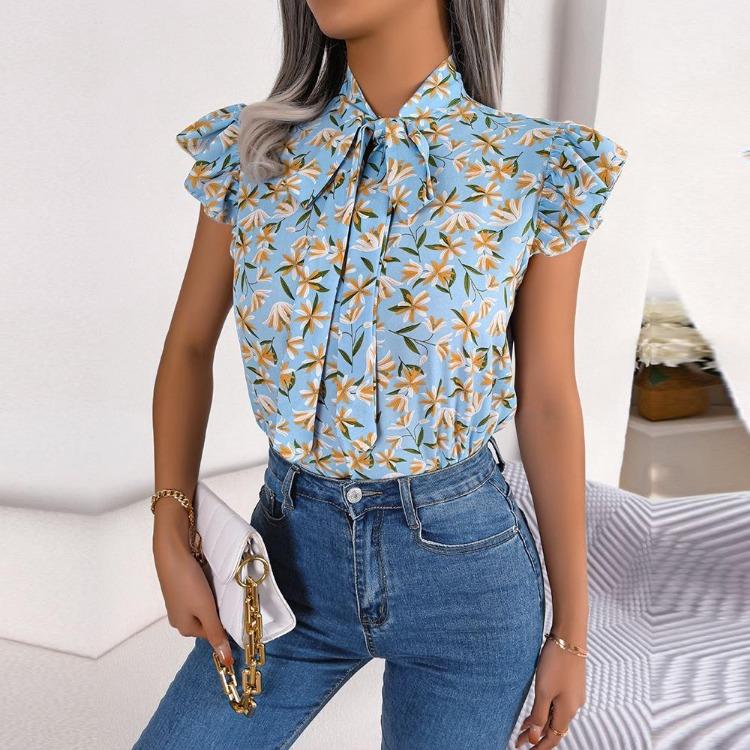 Damen Sommer Chiffon Bluse Floral Schnürung Schleife Holzohr Hemd