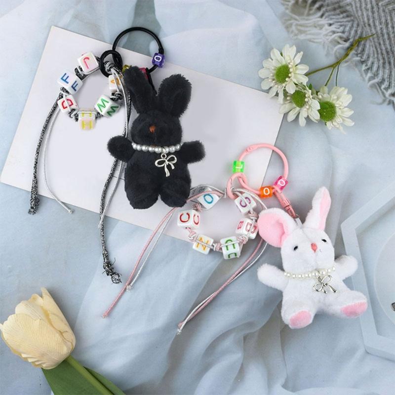 Lovely Plush Rabbits Bead Keychain Pendant Bag Fashion Women Backpack Handbag Charm Pendant Lovely Hangings Decoratin