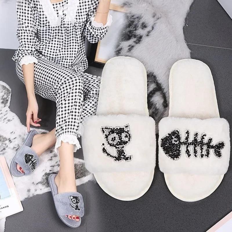 

Модные меховые тапочки, женские теплые плюшевые шлепанцы на плоской подошве на низком каблуке, женская обувь с милыми животными, кошкой и рыбой