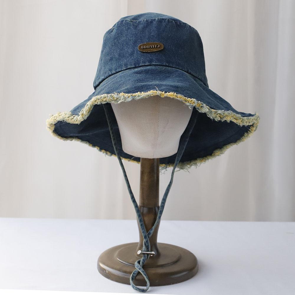Spring New Pocket Design Denim Fisherman Hat Women Retro Big Head Circumference Sunshade Bucket Hat Basin Hat