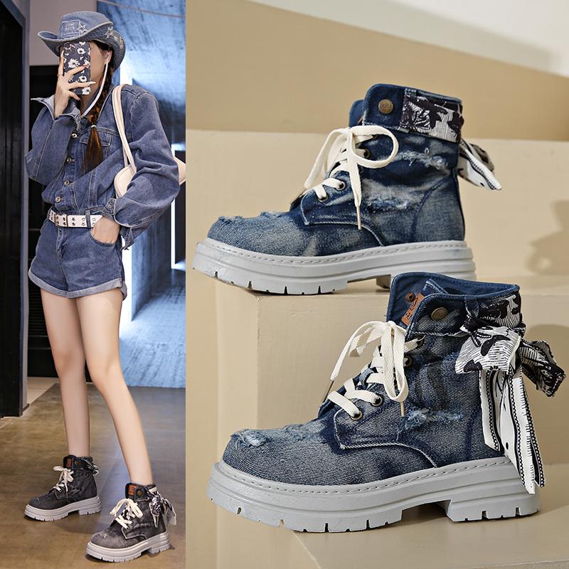 2026 New Black Canvas Shoes High Top British Style Trendy Motorcycle Boots Couple Boots
