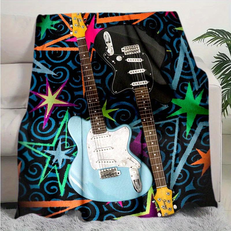 Colorful Notes and Guitar Patterns Flannel Printed Blanket Suitable for All Seasons Suitable for Living Room Office Sofa Travel