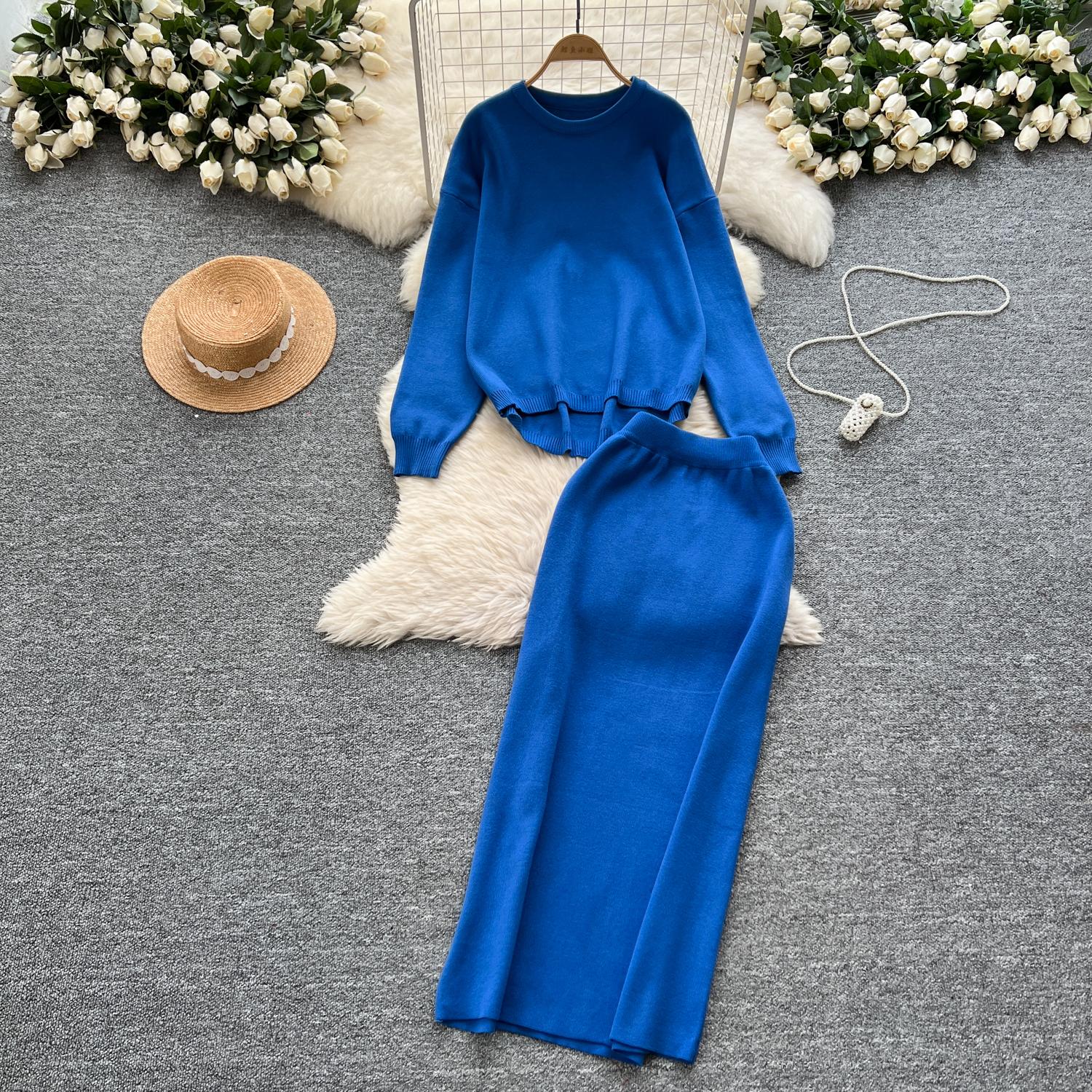 

Комплект из двух предметов Женская одежда Нежный стиль Ленивый Свободный пуловер Круглый вырез Длинный рукав Вязаный свитер Миди Облегающие юбки One Size синий