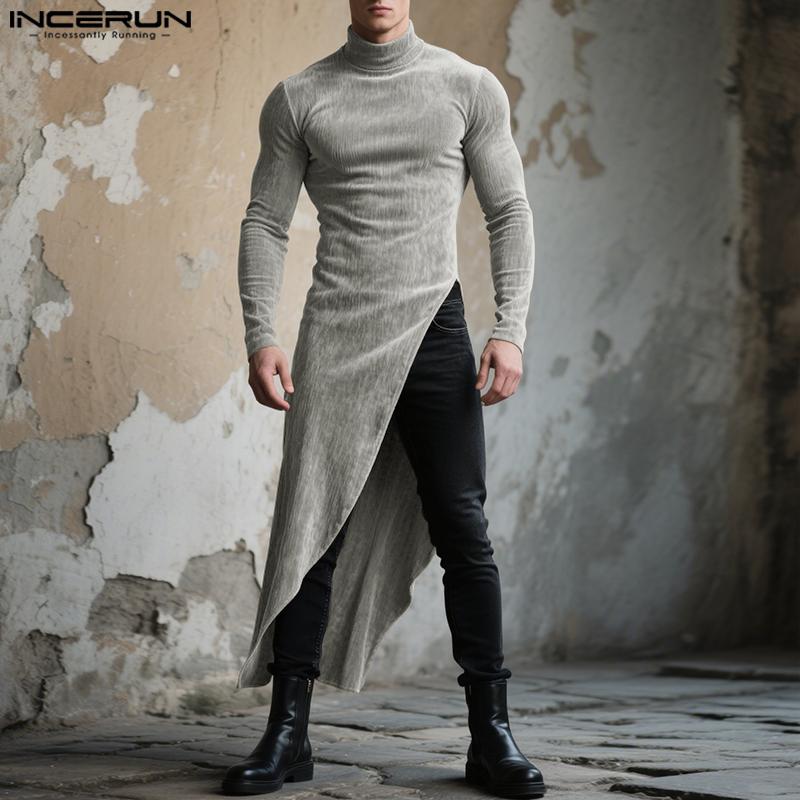 INCERUN Autunno Uomo Dolcevita Manica Lunga Spacchi Alti Tunica Top Pullover