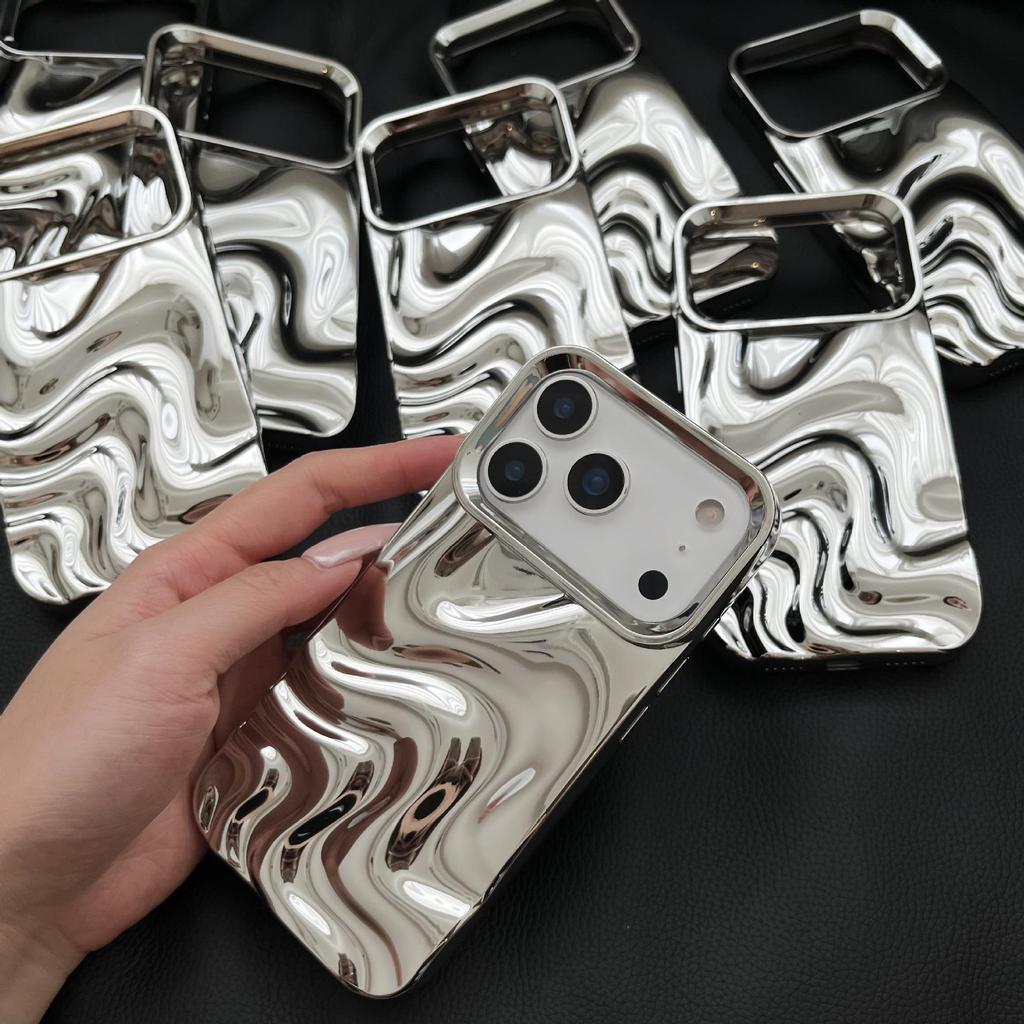 Premium Electroplated Silver Ripple Pattern Case for iPhone 14 Pro Max / 15 / 16 / 17 Pro