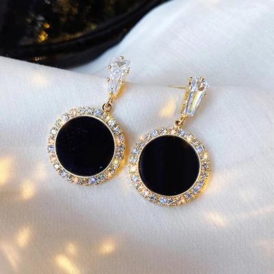 Korean Version Of  New Black Round Rhinestone Earrings Fashion Simple And Versatile Temperament Female Wedding Earrings Jewel