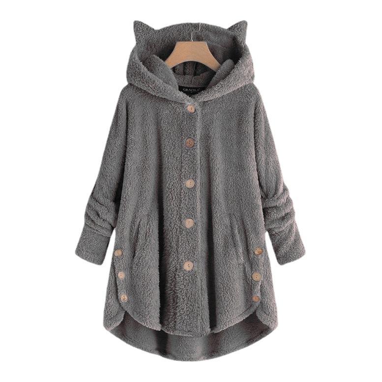 Autumn And Winter Button Hooded Cat Ears Plush Top Irregular Solid Color Jacket Women