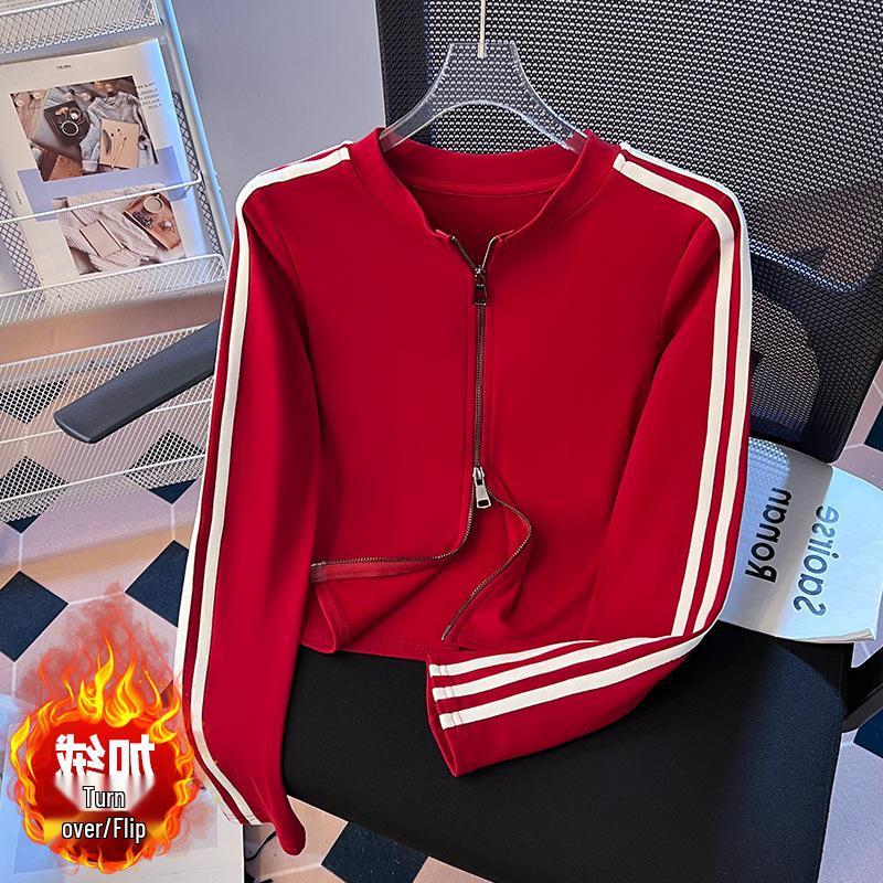 European Style 2025 Retro Stand Collar Slim Fit Long Sleeve Top Large красный