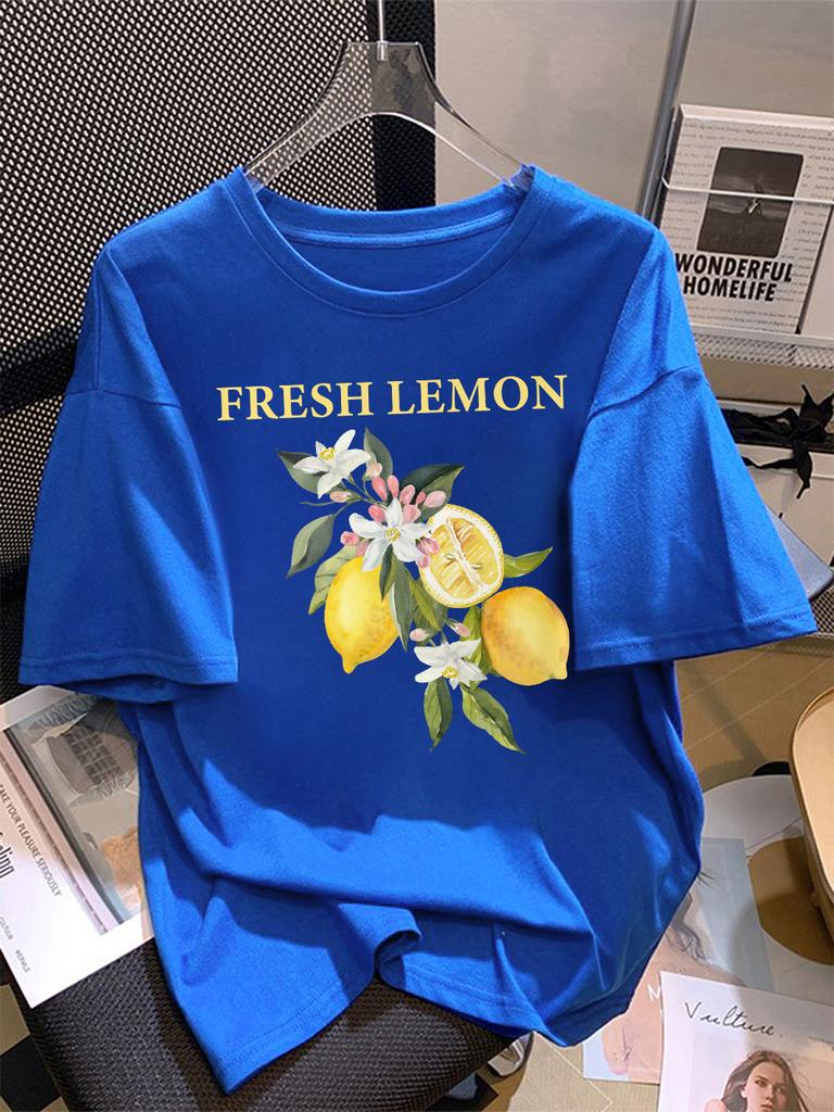 100 Cotton Summer TShirts Womens Fresh Lemon Flowers Printing Tops Comfortable Soft ONeck Short Sleeve Casual Womans Clothes