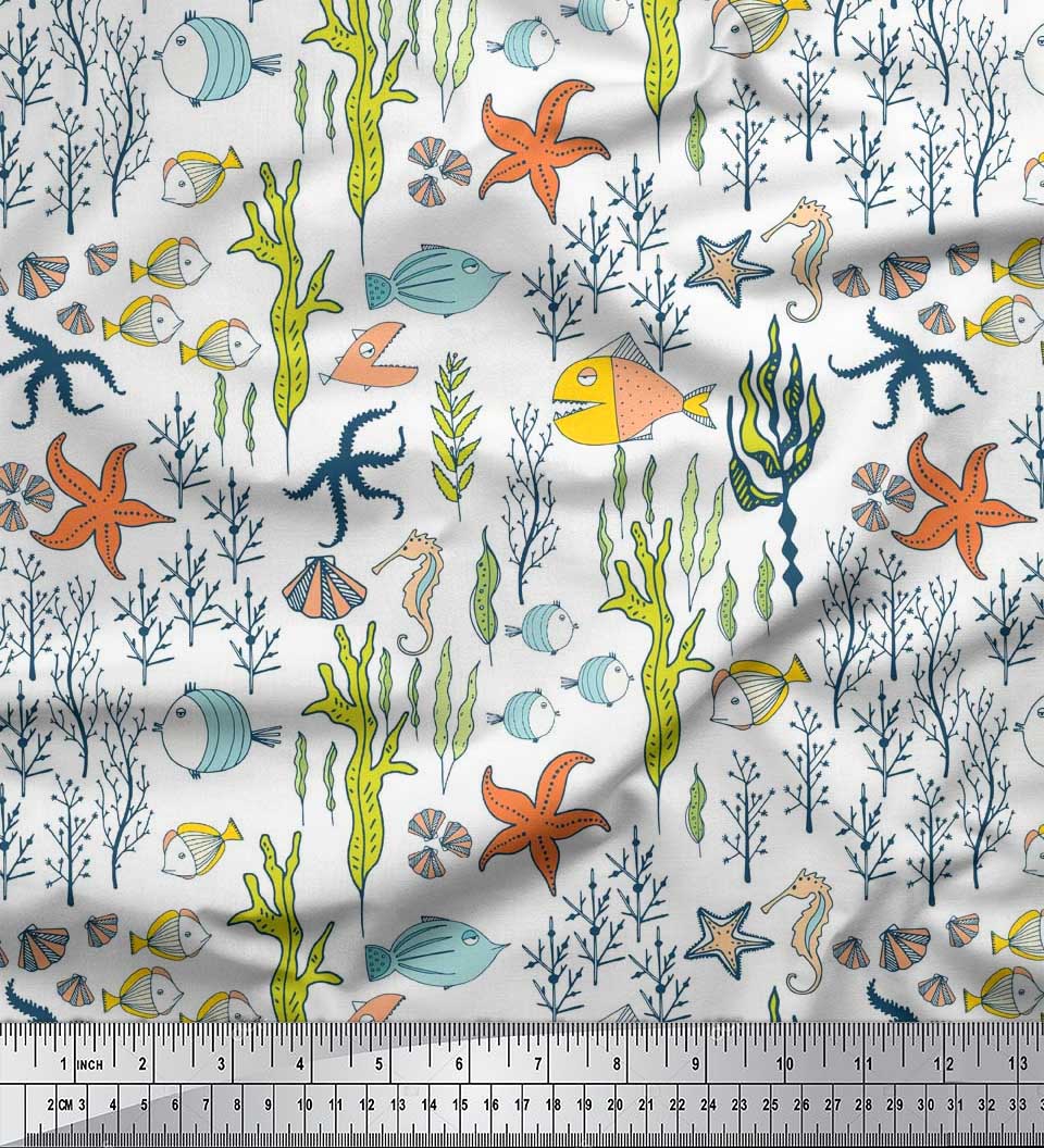 

Японська креп-атласна тканина Soimoi Coral, Strafish & Sea Horse Ocean Printed Тканина 1 метр 42 дюйма 42 Inch Wide - Poly Crepe білий