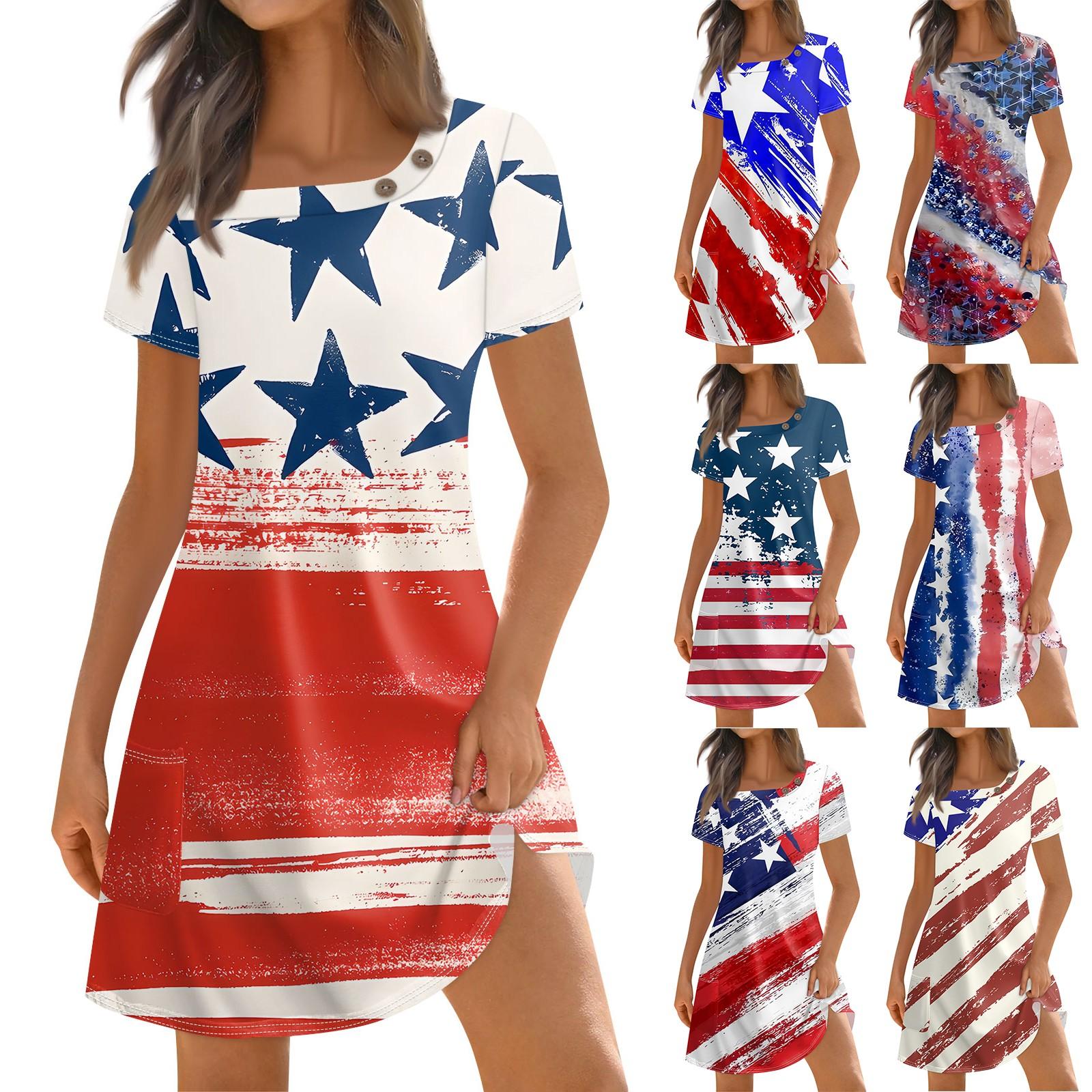 

Женская мода, летние платья с квадратным вырезом и коротким рукавом, повседневные свободные платья с карманами и пуговицами на День независимости, платья с принтом