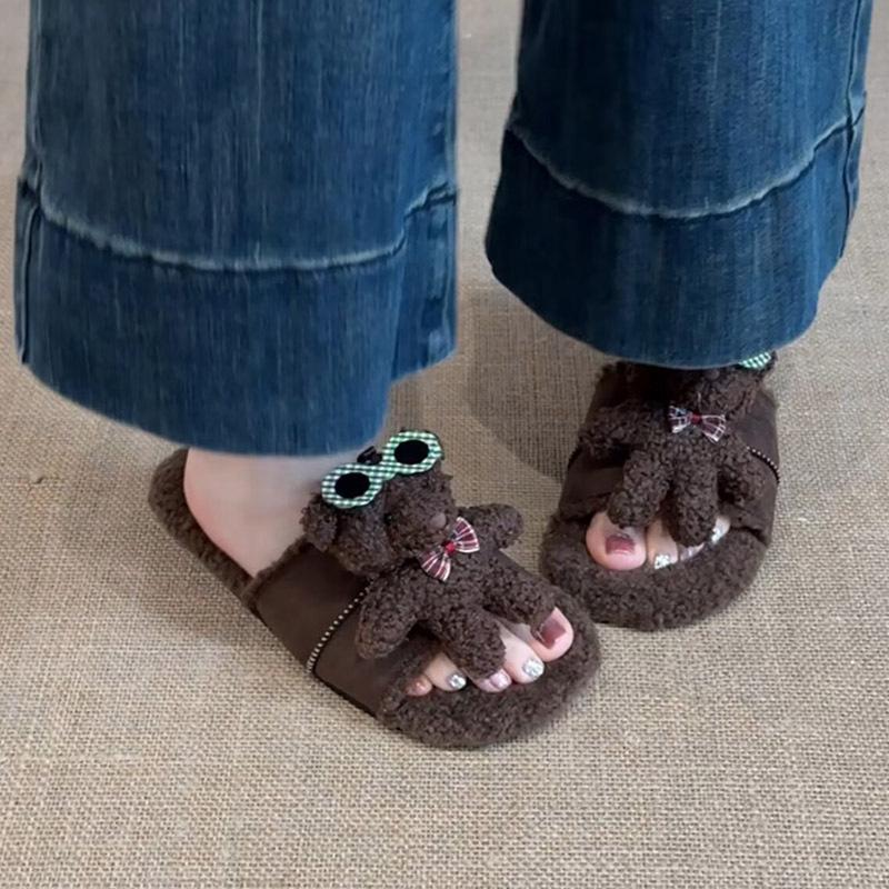 Bear casual fluffy shoes women's 2025 autumn and winter fashion three-dimensional cute cartoon outer wear versatile one-word cotton slippers