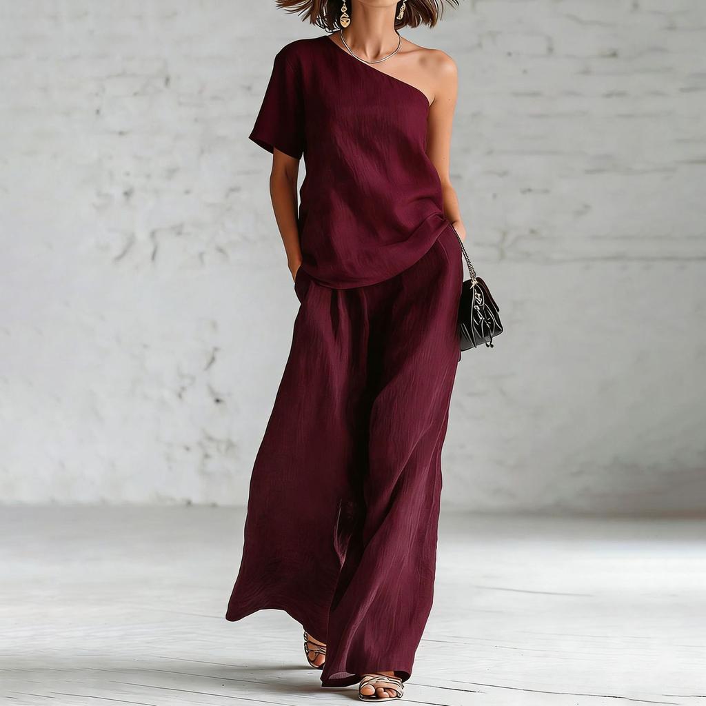 Damen 2-teiliges Outfit, einärmeliges Oberteil mit kurzer Ärmellänge und hochtaillierte Hose mit weitem Bein, lässiges Boho-Leinenmischgewebe, Sommer-Loungewear