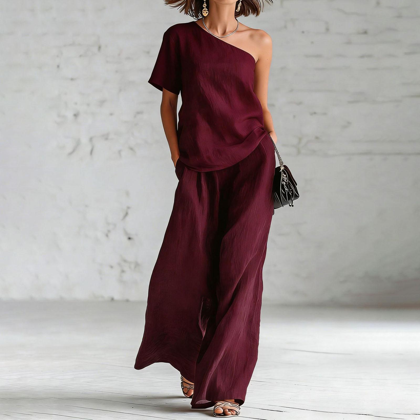 

Women s 2 Piece Outfits One Shoulder Short Sleeve Top And High Waist Wide Leg Pants Set, Casual Boho Linen Blend Summer Loungewear XS винний