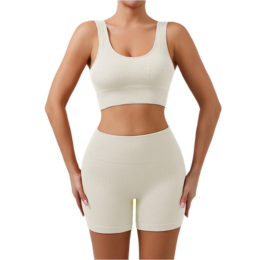 Completo da Allenamento Costine Senza Cuciture per Donna Due Pezzi Top Corto Sportivo e Pantaloncini a Vita Alta Abbigliamento Sportivo Outfit Yoga