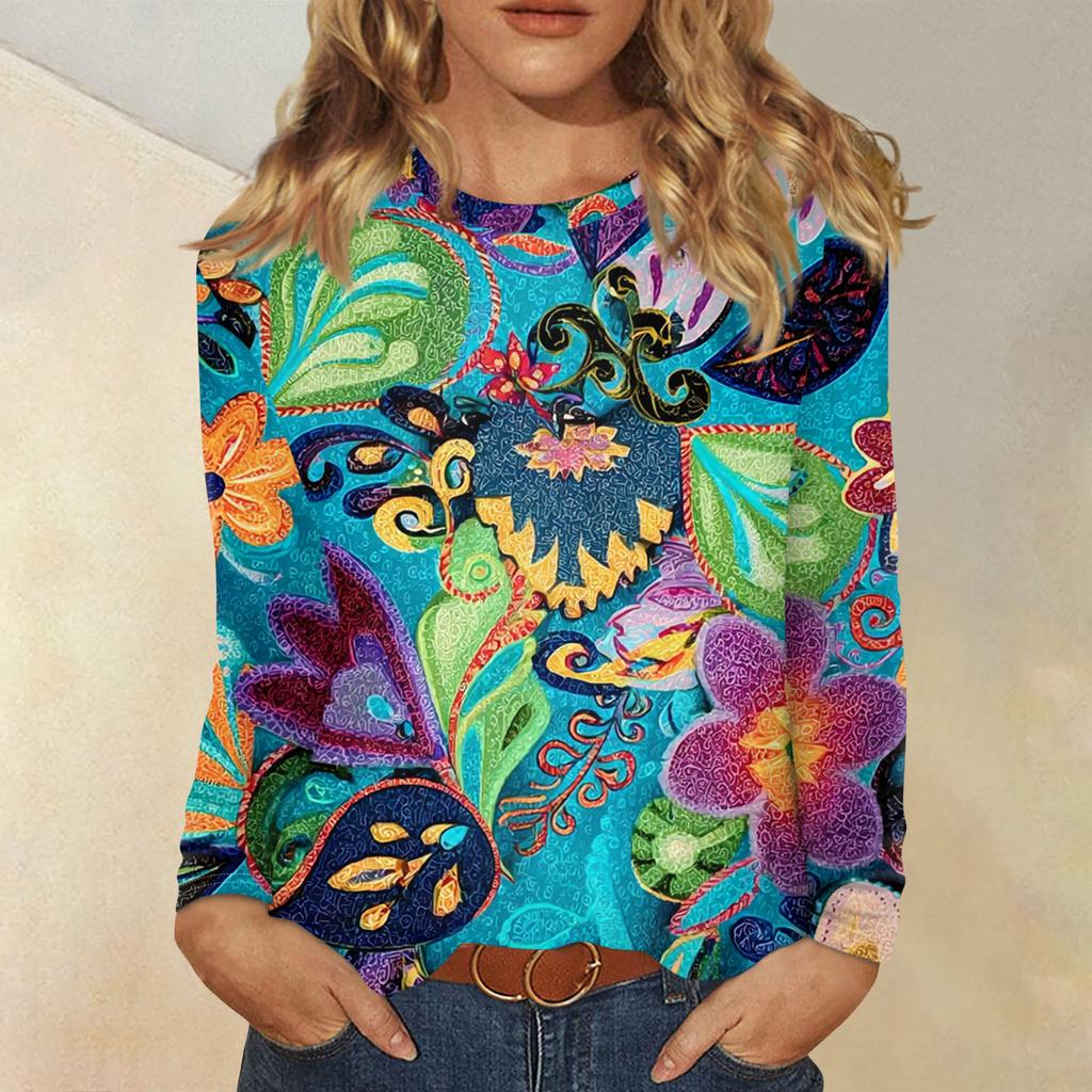 Dámská móda Květinový potisk Krk Dlouhý rukáv Pulovr Top