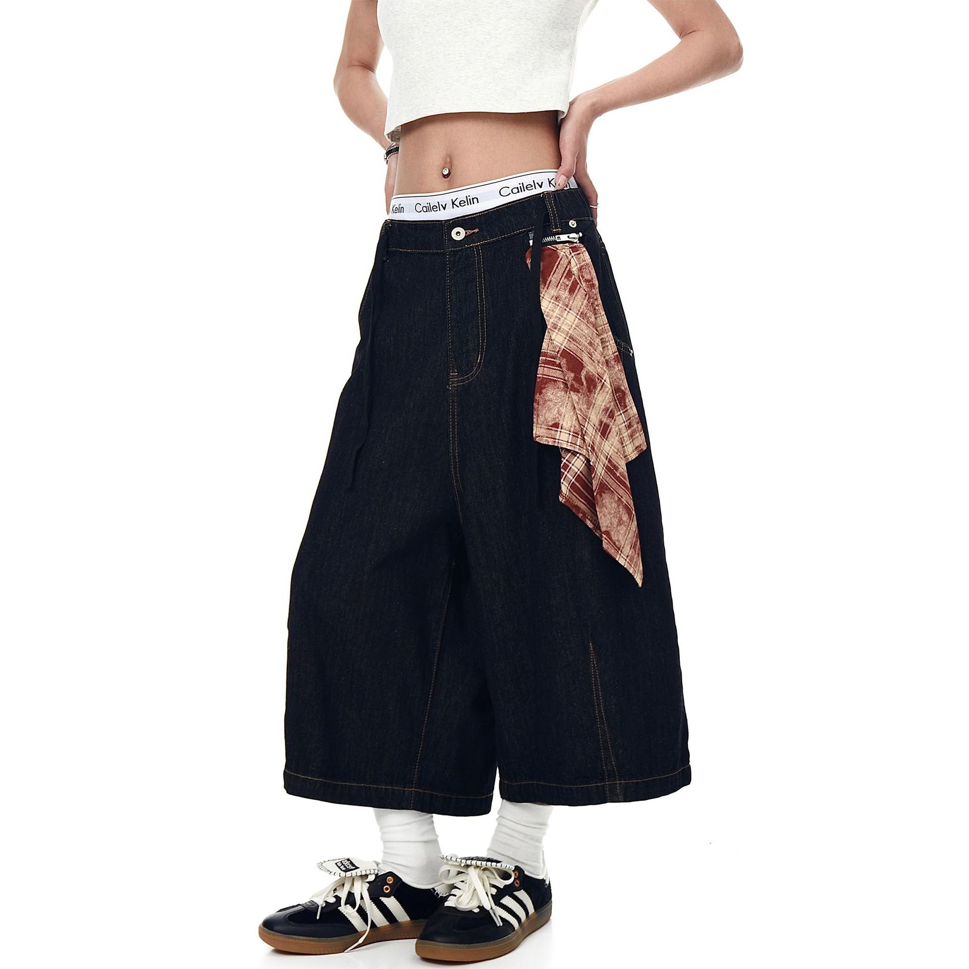 Unisex Summer Retro Denim Cropped Wide-Leg Pants XL чёрный