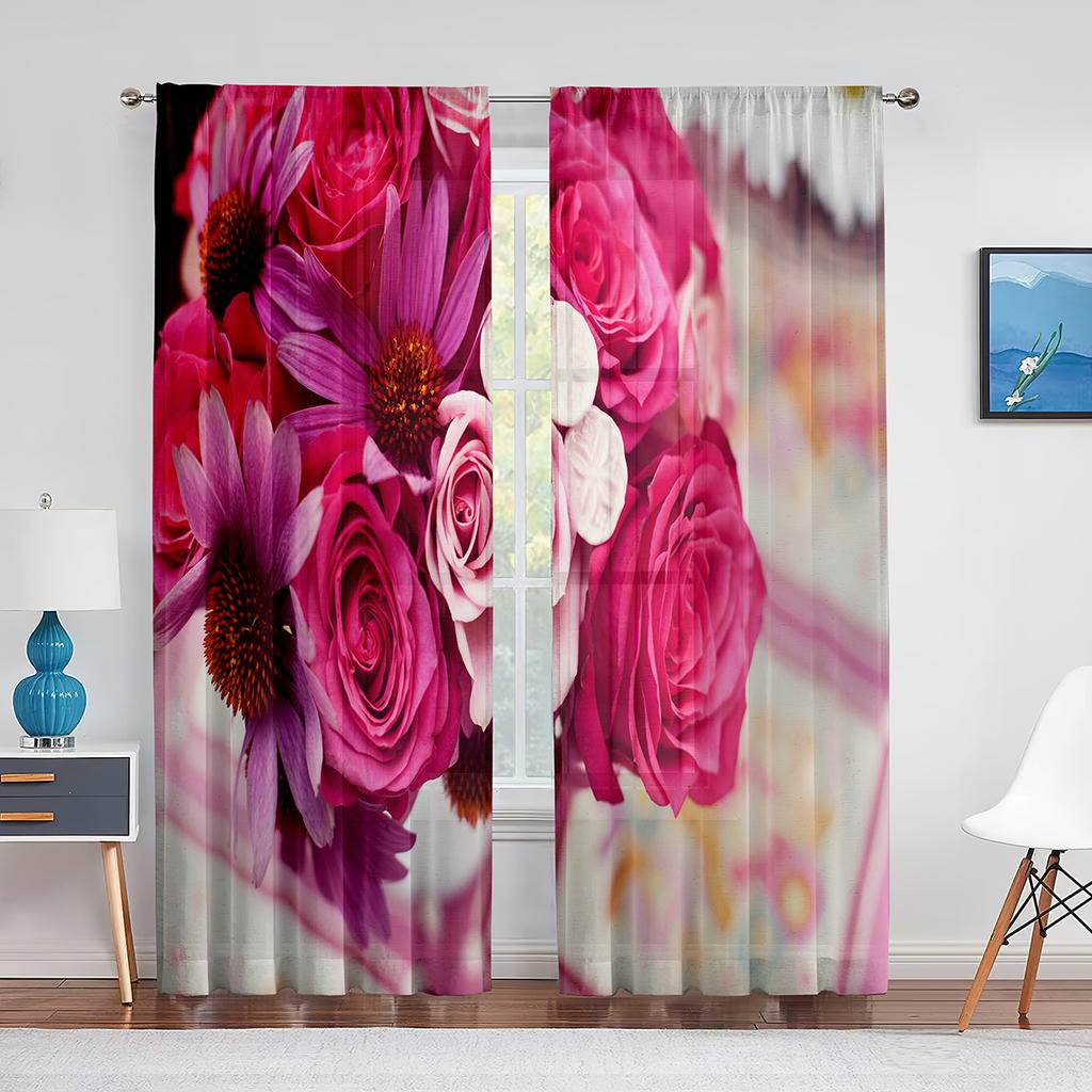 Blommande Träd Körsbärsblom Lila Gul Vita Blommor Skir Voilegardin för Vardagsrum Sovrum Inredning Tyllgardiner Draperier