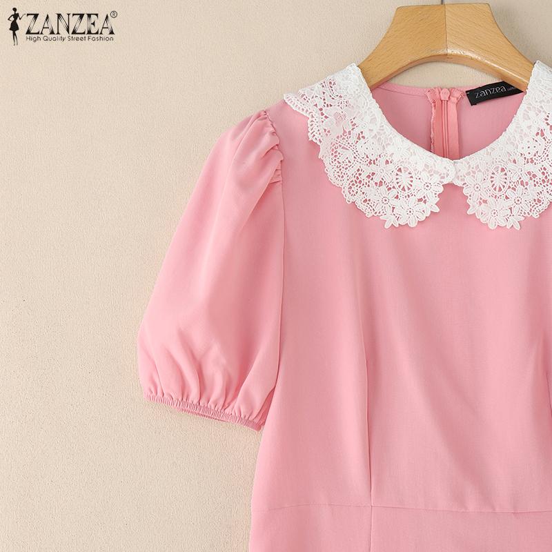 ZANZEA Women Lace Splice Round Neck Casual Short Sleeve Dress