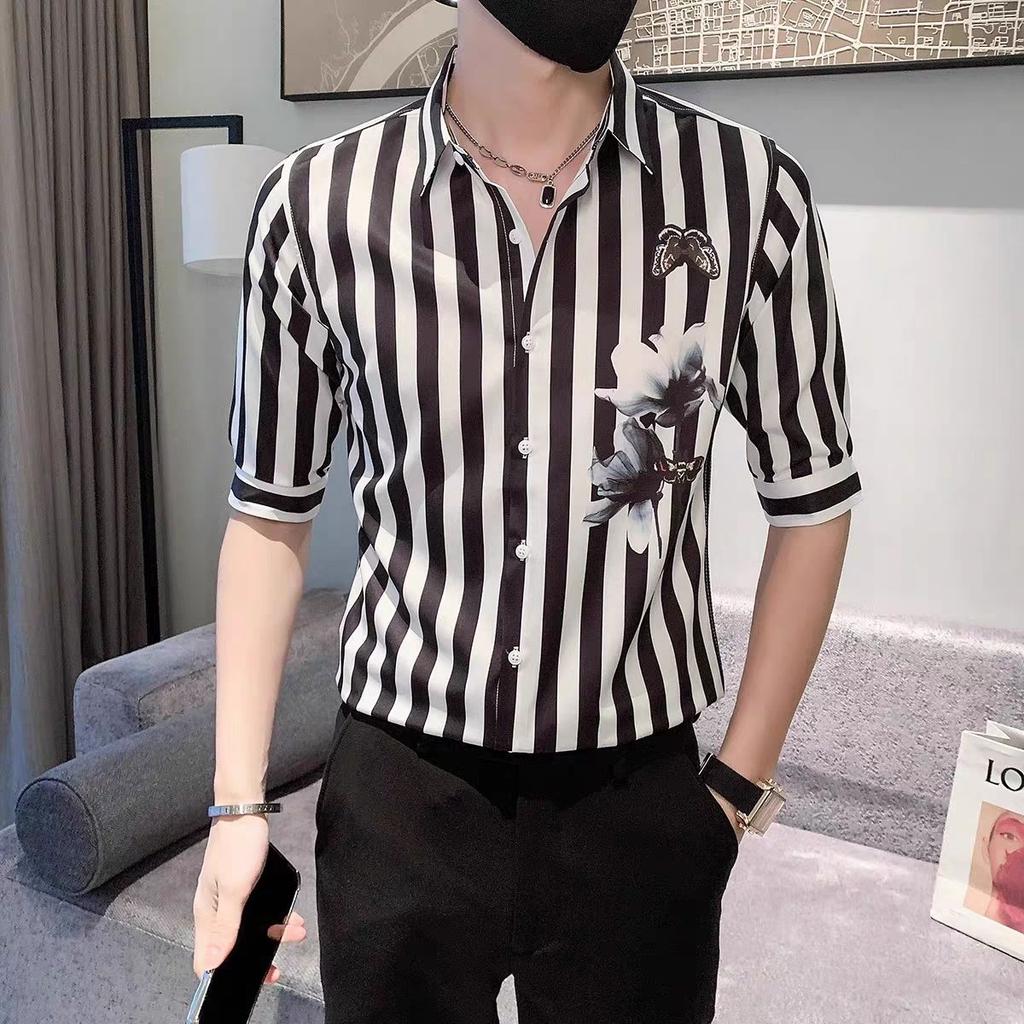 Striped Shirt Men's Five-point Sleeve Mid-sleeved New Trendy Slim Korean Printed Handsome Shirt