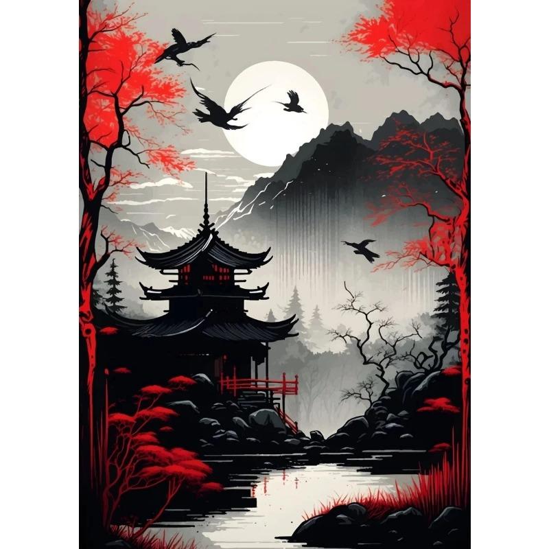 Japanische Naturlandschaft Poster Drucke Abstrakt Roter Baum Und Pavillon Landschaft Leinwandmalerei Wandkunst Für Wohnzimmerdekor