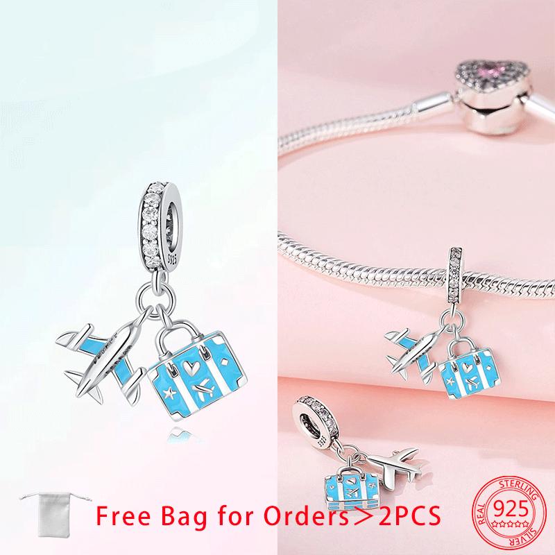 Authentic copper Charm Bead Charms Travel Zircon Airplane Luggage Sunglasses Bead Charms Pendant Compatible With Bracelets Jewellery Fine Gift