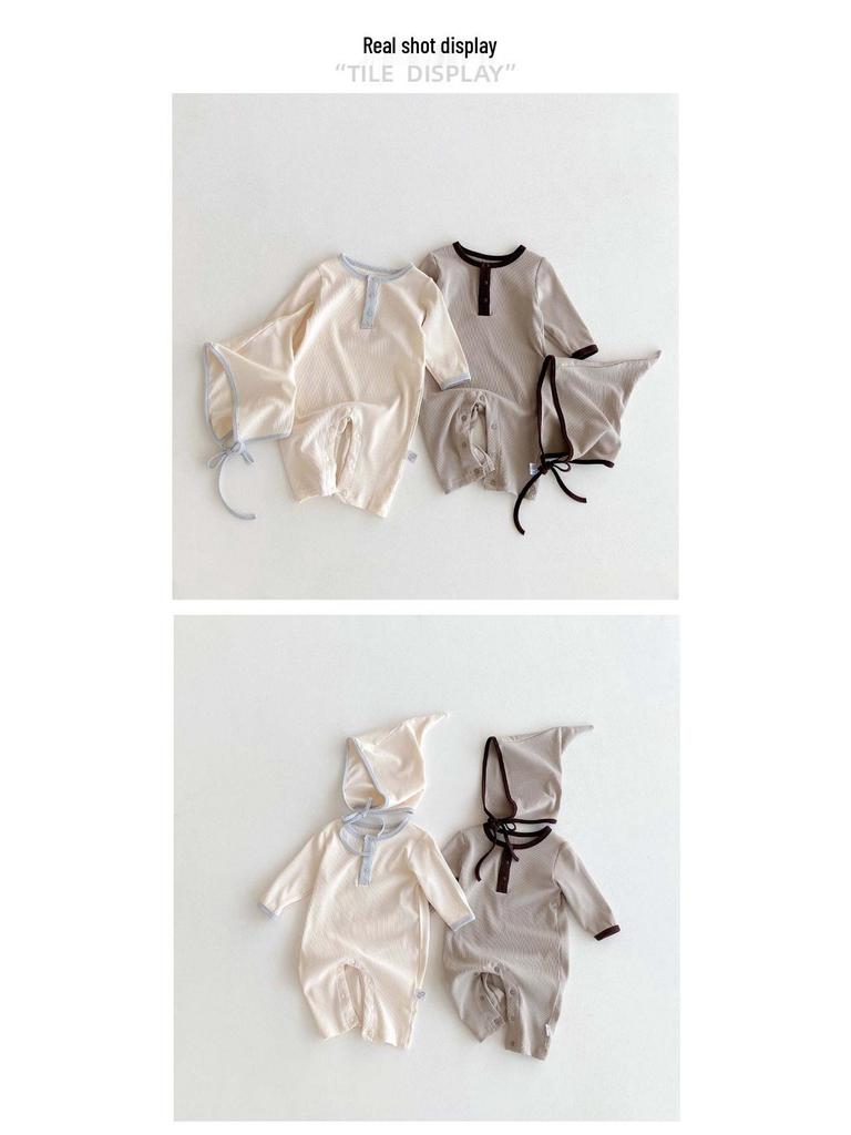Baby Boy Autumn Rib Knit Long Sleeve Romper - Solid Color Newborn Onesie