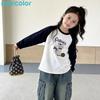 Girls' Cotton Raglan Colorblock Cartoon Print Long-Sleeve T-Shirt