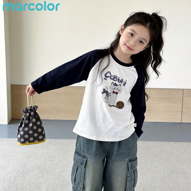 Girls' Cotton Raglan Colorblock Cartoon Print Long-Sleeve T-Shirt